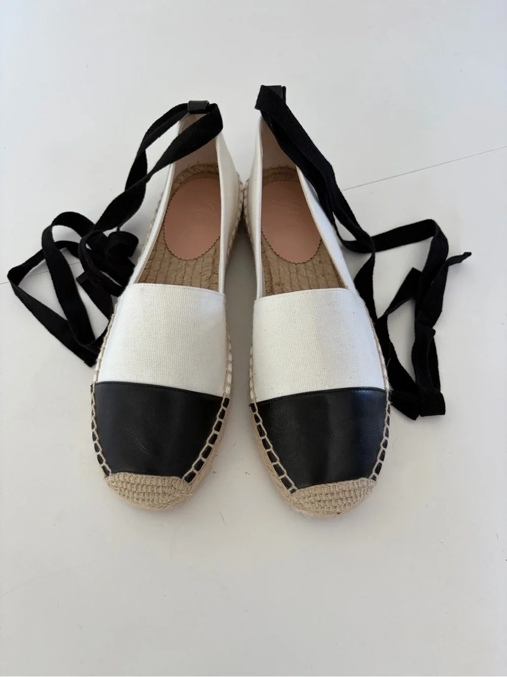 J. Crew Ivory Canvas Black Leather Cap Toe Ankle‎ Wrap Slip-On Espadrille Flats